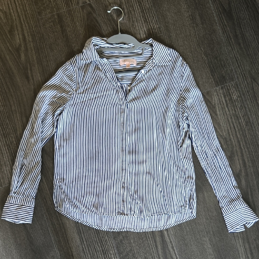 Navy and White Striped Button-Up Shirt